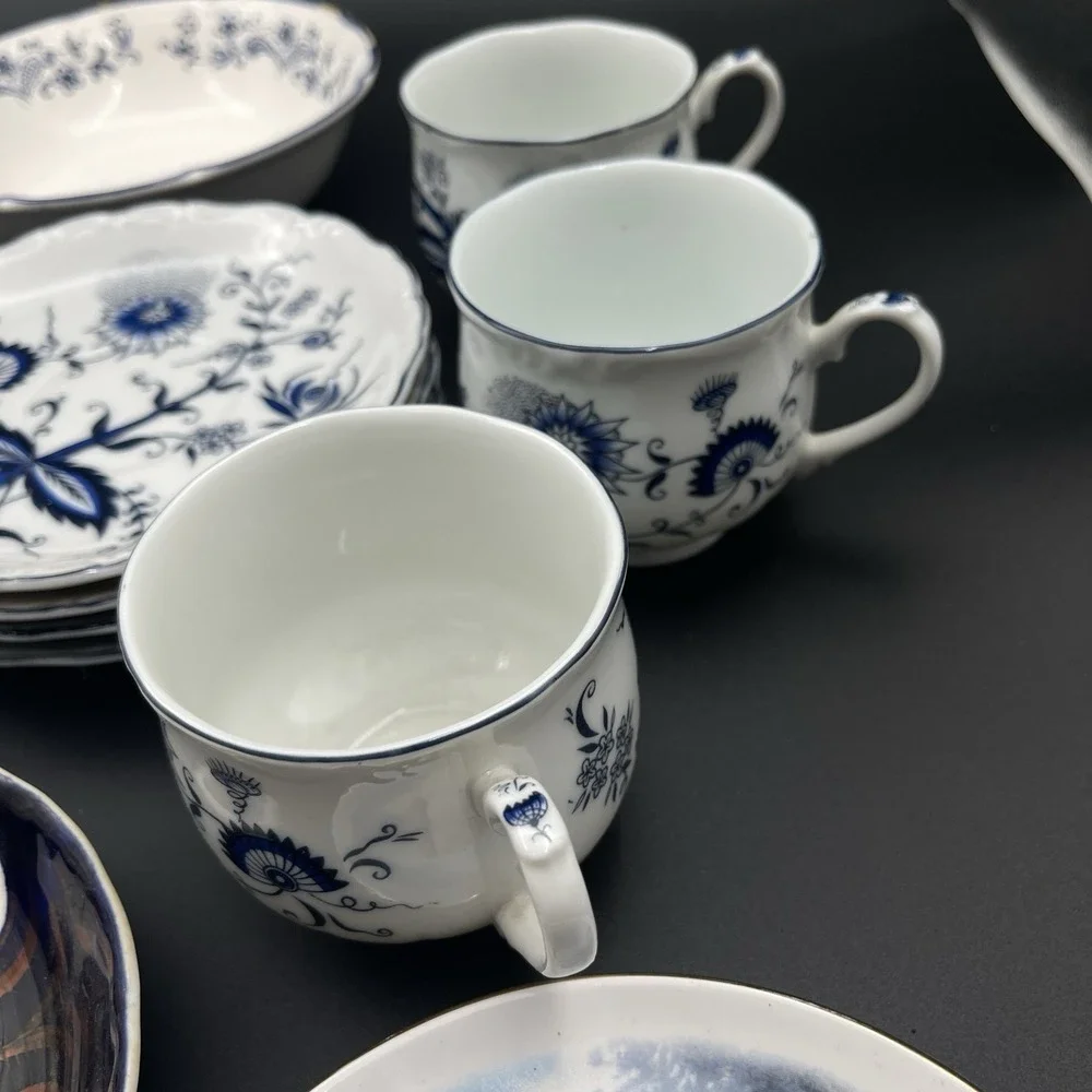 House of Prill Blue Onion Porcelain Japan 3 Cups 4 Saucers Set Vintage